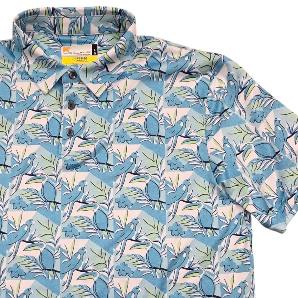 Nicklaus Eco Choice Performance Polo Shirt Toucan Tropical AOP Blue Mens Large